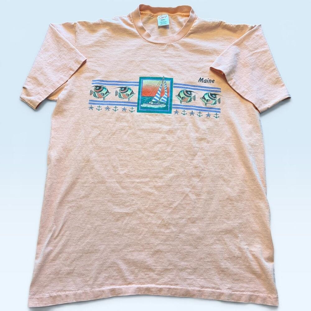 Vintage Maine Shirt Mens Medium Peach Nautical Sailboat Sherry's T-Shirt USA